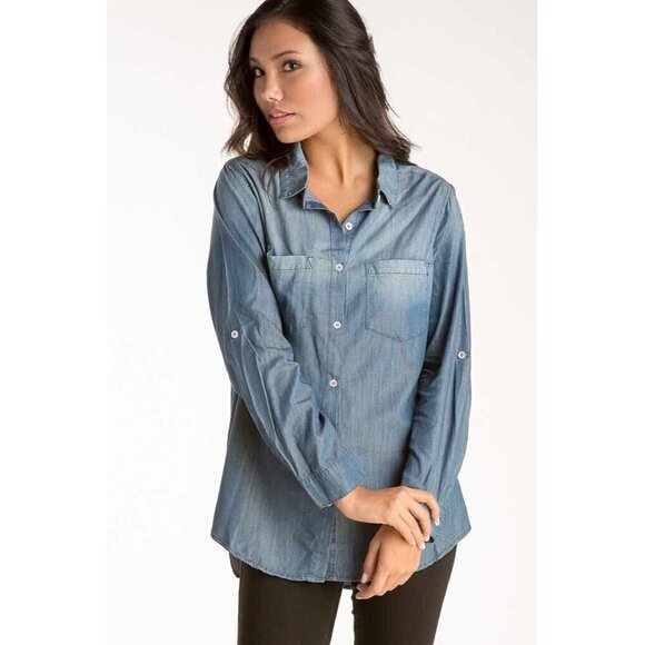 NEW Denim by Ellison Chambray Denim Button Front Shirt Roll Tab Blue Womens Sz S - Picture 1 of 12